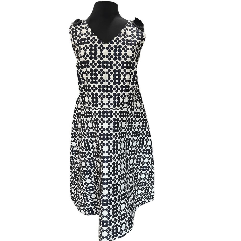 RSVP by Talbots Floral Geometric V-Neck Dress Navy White Bow Shoulder Size 18
